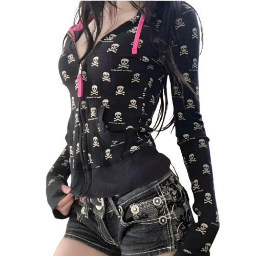Y2K Grunge Skull Zip Hoodie