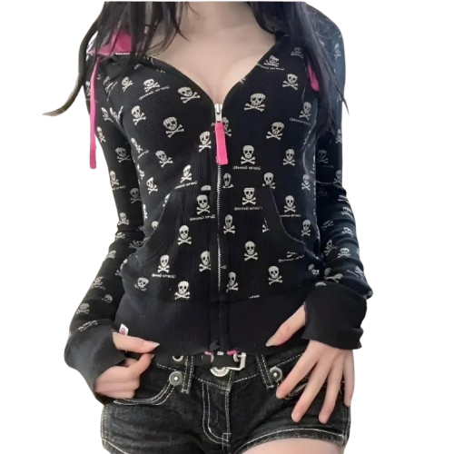 Y2K Grunge Skull Zip Hoodie