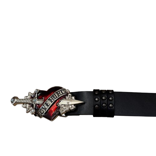 Black faux leather studded belt with red heart